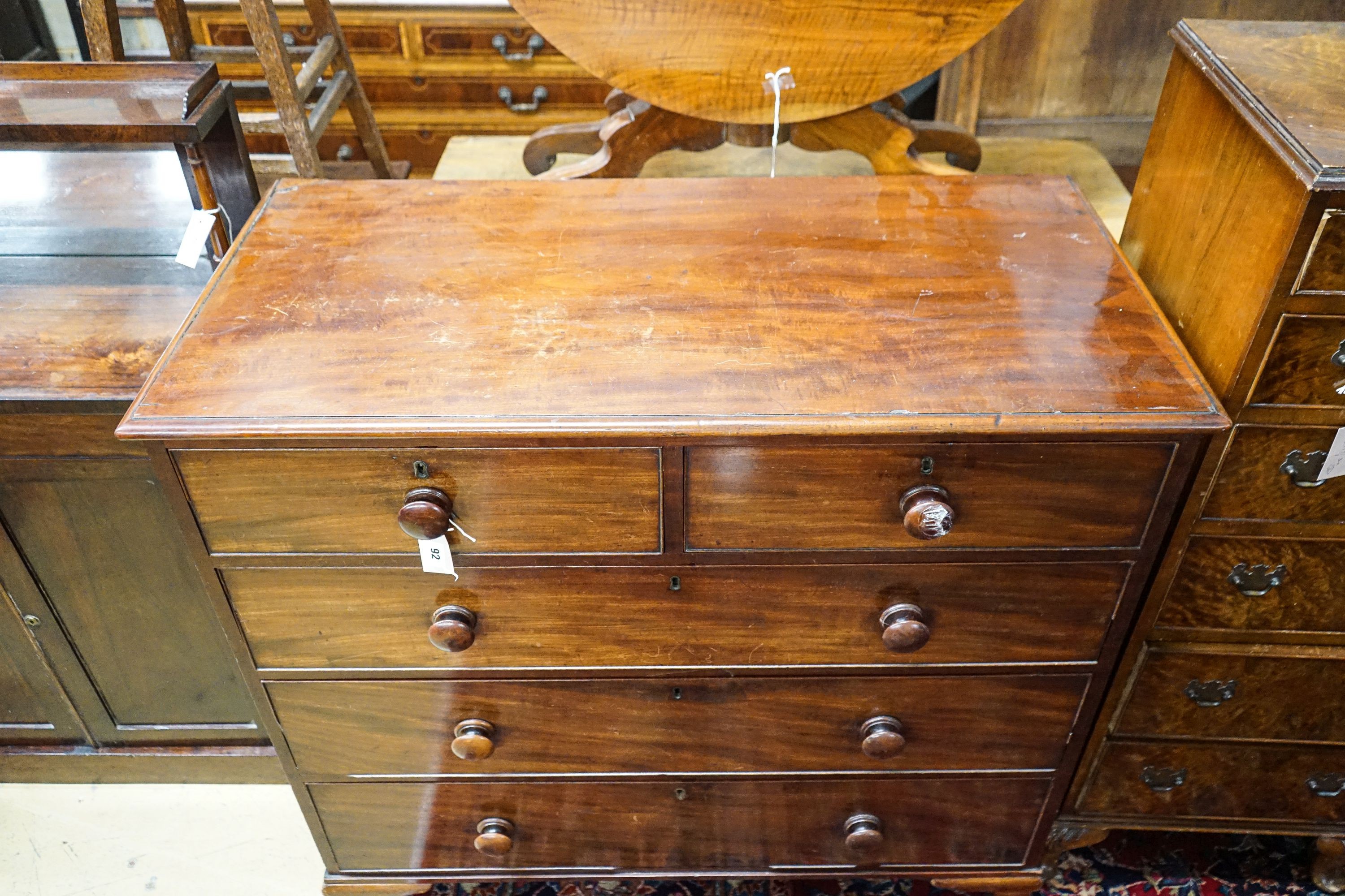 A Victorian mahogany chest fitted two short and three long drawers on bracket feet, width 108cm, depth 53cm, height 96cm